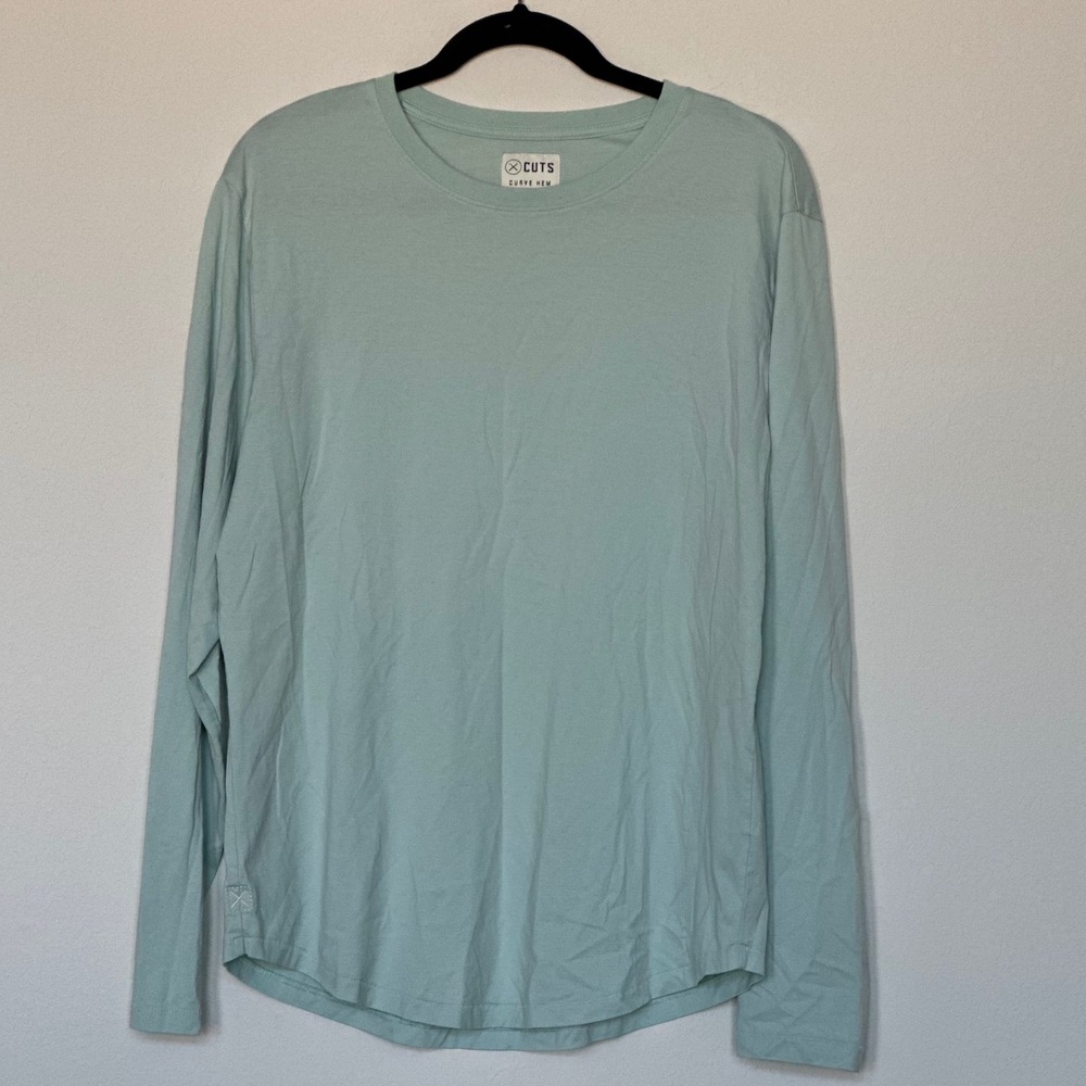Cuts Curve Hem Long Sleeve T Shirt Mens‎ XL Light Green Pima Cotton